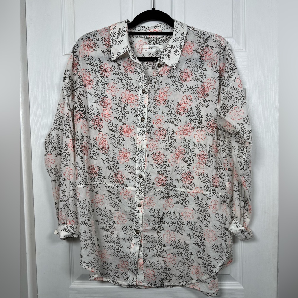 Anthropologie Floral Cotton Button Down Blouse XS/S Pink Cream